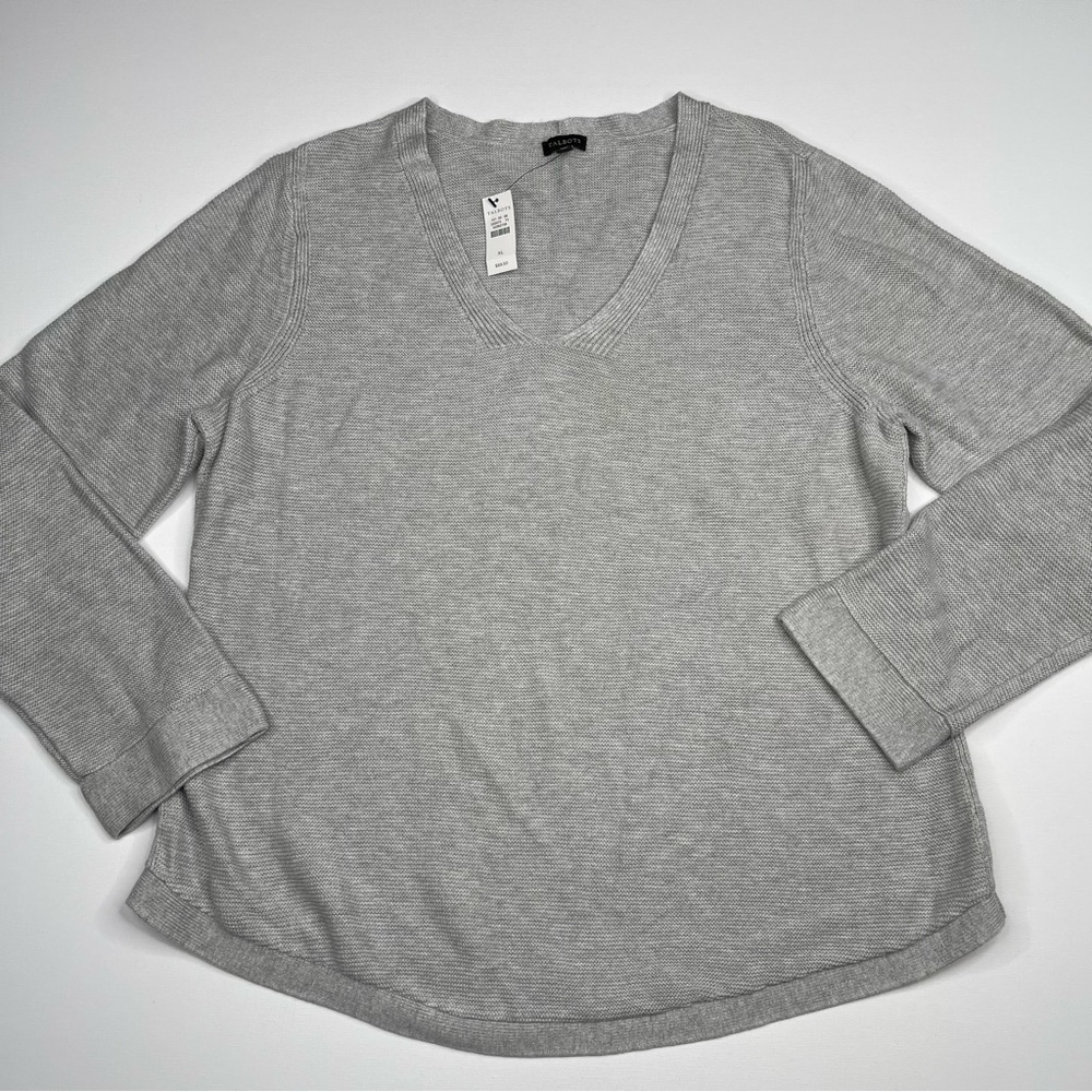 Talbots Sweater V Neck Cable Knit Grey Waffle Beachy Office Fall Winter Wool New